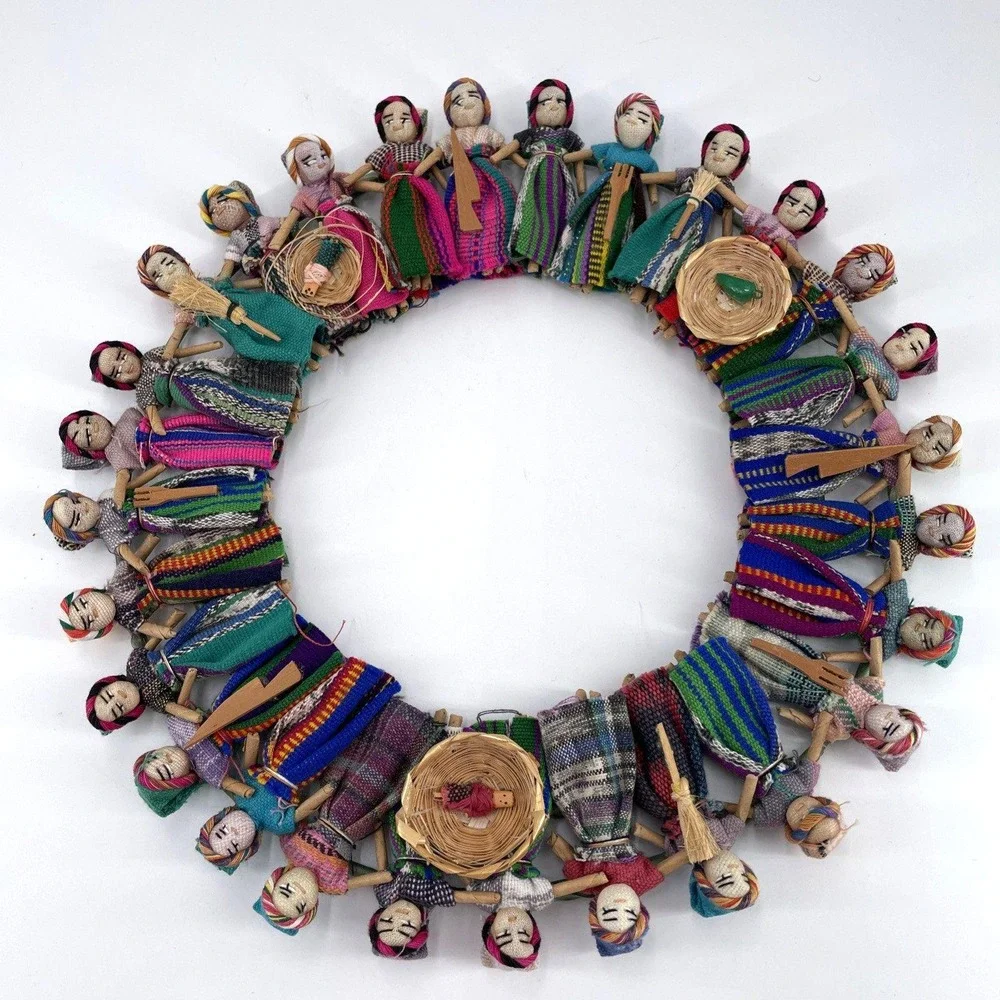 Handmade Guatemalan Worry Doll Wreath 12.5in Colorful FolkArt Wall Hanging Decor